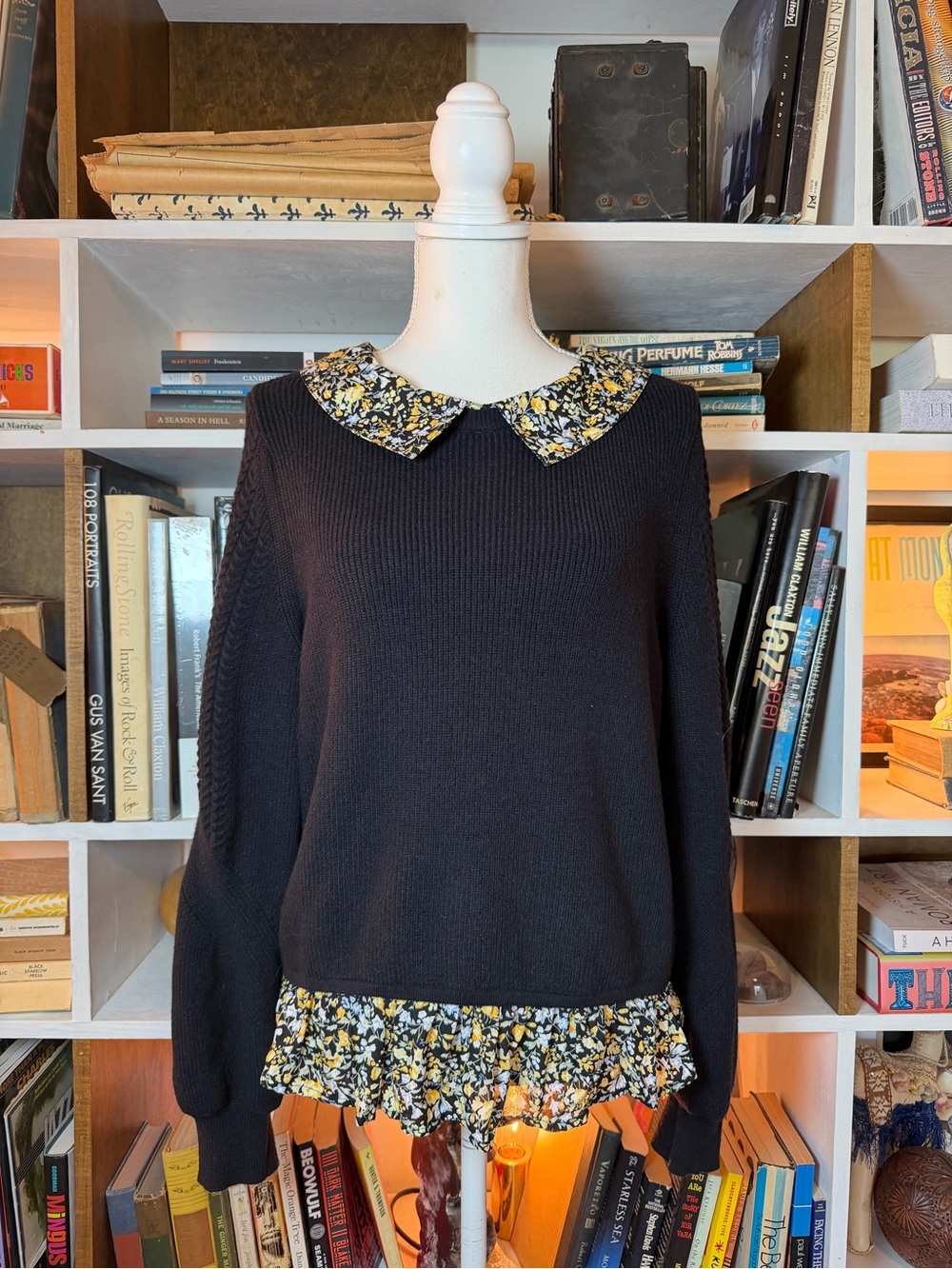 Anthropologie Black Sweater with Yellow & White Floral Collar and Hem